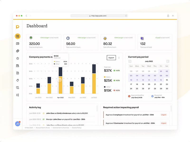 Paie - Hassle-free Payroll SaaS attendance compliance dashboard employeemanagement expenses fintech hr management payroll productdesign reimbursement saas salarymanagement taxes timemanagement timesheet tracking uidesign uxdesign workforce