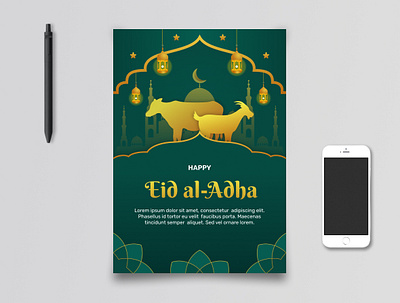 Eid Al-Adha Illustration Flyer Template Design adha background cow design eid flyer goat green illustration islamic mubarak muslim template vector
