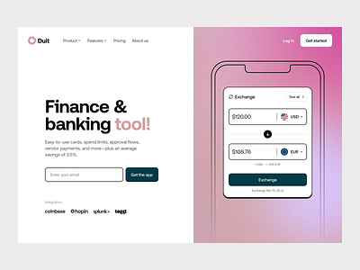 Duit - Finance tool landing page banking app clean exchange finance fintech gradient landing page money product design saas saving website
