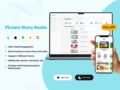 Picture Story Books with Firebase web admin panel Backend androidapp audio book design figma firebase flutter flutterui ios app kidsbook picturestorybook story storybook ui uiux webbackend