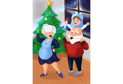 Grandparents. Illustration art book illustration celebration character concept character design children illustration christmas christmas tree dancing digital 2d digital illustration grandma grandpa grandson granparents illustration kid illustration music new year space racket