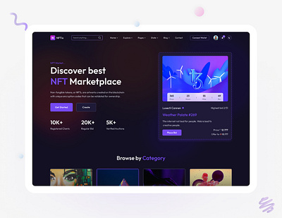 NFT landing page design artistic blockchain community creative crypto collectibles cryptocurrency digital art digital ownership emerging technology innovation marketplace nft platform scalable secure token trading ui kits uiux unique