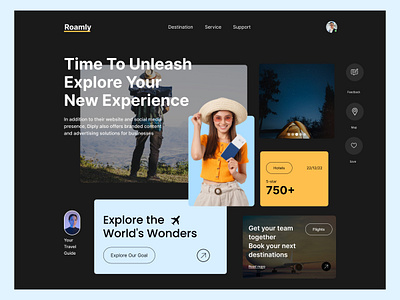 Roamly Travel Agency Landing Page booking exploration figma graphic design hotel illustration minimal new pixelean site transport travel travellig site trendy ui uidesign uiux webpage website