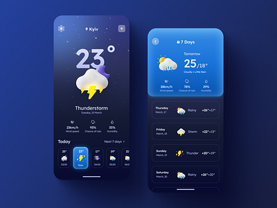 Weather - Mobile App Design 3d 3d style app ui clean ui dark mode design freelancer illustration kyiv mobile mobile app product design ui ui design ukraine ux weather weather app