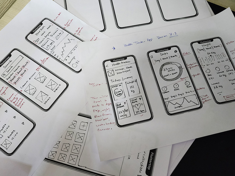 Some wireframes for the Fitness Health Tracker App doodle drawing high fidelity information architecture ink interaction lo fi low fidelity mobile mobile app pencil principle prototype sitemap sketchbook ui user experience user flow wireframes wires