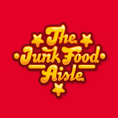 The Junk Food Aisle Logotype bold candies candy chrome design fast food fun gold illustration logotype magic playful retro script sweet sweets typography vector