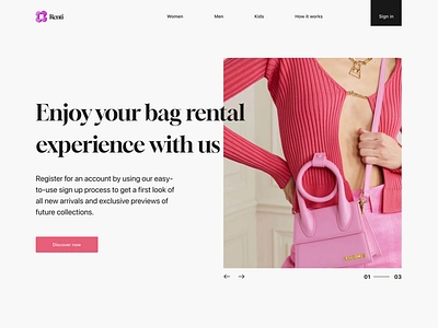 Stylish Fashion Website Design animation bag rental clean clothing rental design elegant fashion header main screen minimal minimalistic pagination pink typography ui ux web white space