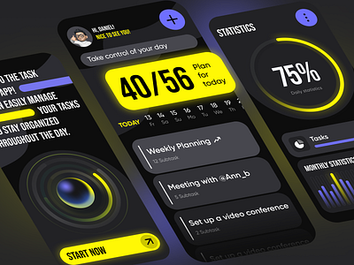 Task Tracking App app design blue color calendar daily ui dark theme dashboard ios design mobile app mobile design modern ui planing productive statistics task management tasktracker tracking trends ui yellow