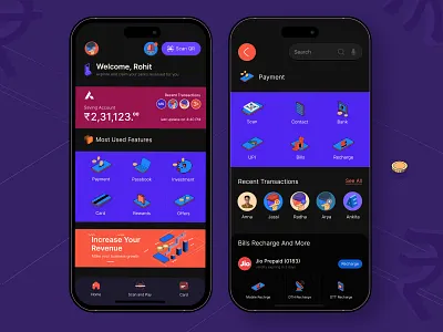 Fintech Application Interface authentication cardui color dark theme fintech ui darktheme design fintech fintechapp interface isometric isometric icon mobileapp neobanking onboarding pay payment scan and pay walkthrough