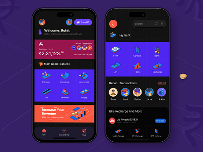 Fintech Application Interface authentication cardui color dark theme fintech ui darktheme design fintech fintechapp interface isometric isometric icon mobileapp neobanking onboarding pay payment scan and pay walkthrough