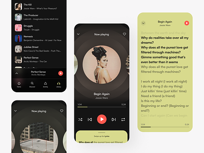 Music Player - Mobile App bottom navigation button daily ui dark mode design green list lyrics mobile app modern music music player pastels play player playing red search songs user interface