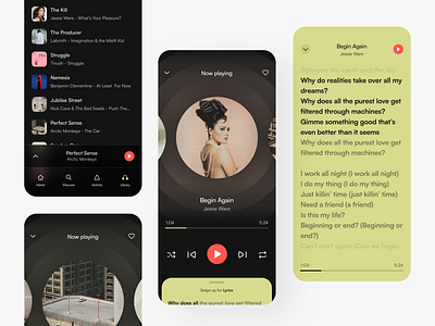Music Player - Mobile App bottom navigation button daily ui dark mode design green list lyrics mobile app modern music music player pastels play player playing red search songs user interface