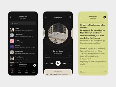 Mobile App Design: Music Player bottom navigation button daily ui dark mode design green list lyrics mobile app modern music music player pastels play player playing red search songs user interface