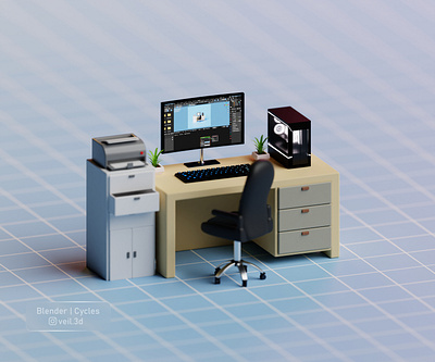 Workspace 3d 3d illlustration 3d render cpu depth of field design illustration isometric low poly pc printer workspace