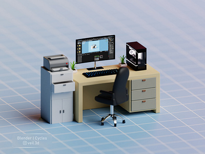 Workspace 3d 3d illlustration 3d render cpu depth of field design illustration isometric low poly pc printer workspace