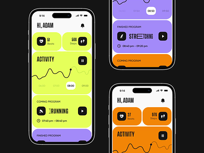Design concept for a health app interface | Lazarev. activity animation app application cards colors dashboard design healthy icons interactive ios mobile motion graphics progress run stats steps ui ux