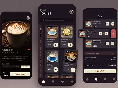 Coffee Ordering App UI app branding design figma flat graphic design icon illustration illustrator logo typography ui ux