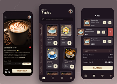 Coffee Ordering App UI app branding design figma flat graphic design icon illustration illustrator logo typography ui ux