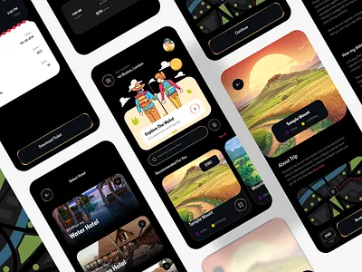 Travel Mobile Application Design(Dark UI) app app design awe booking app flight booking ios mobile app tourism travel agency travel app travel service traveling trip trip planner