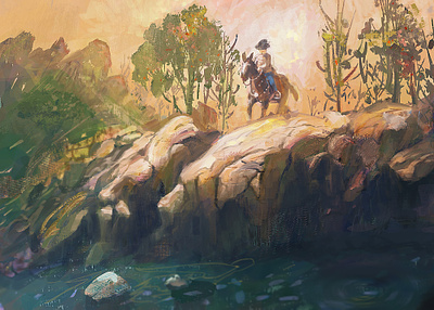 Nature horse illustration impressionism journey landscape oil painting rider river rock texture travel trip warm