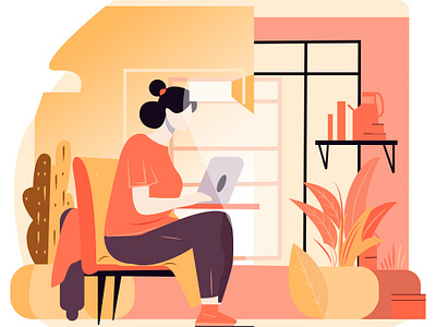 Work at Home Flat Illustration charmful energy flat illustration graphic design home laptop orange vector illustration woman work working at home yellow