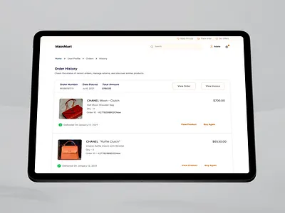 MainMart - Order History. ecommerce ecommerce history ecommerce website history order history ui design user interface website