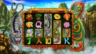 "Tiger and Dragon" slot game reels design casino art chinese game chinese slot chinese symbols chinese themed digital art gambling gambling art gambling design game art game design game reels graphic design reels slot design slot game reels slot machine slot reels ui