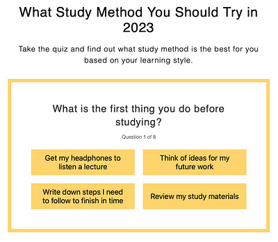 Learning Method Quiz 2023 blocks blog buttons define designwe learning method minimalistic page productivity quiz site studying test text thumbnail ui vector website