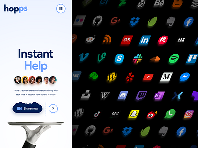 👨🏻‍🚀 Hopps 👉🏻 Instant 1:1 Expert Help with tech. ads app apps avatar avatars bubble cloud hero icon icons landing page marketing netflix network pic pics platform profile signup social