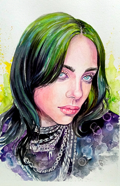 Watercolor portrait of Billie Eilish graphic design hand painted paint painting