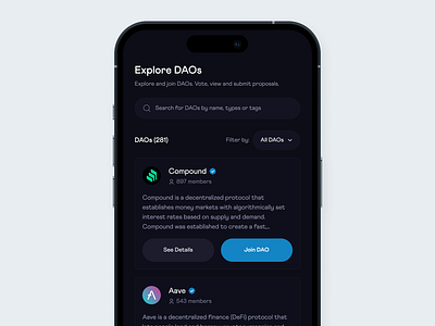 Explore DAOs - mobile view blockchain cryptocurrency dao daos design figma product design web3