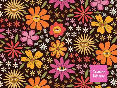 Groovy Retro 70S Floral Pattern with surreal eyes 70s floral pattern flower power funky garden graphic design groovy illustration orange pink retro seamless pattern surface designer surreal textile designer vector