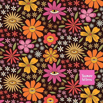 Groovy Retro 70S Floral Pattern with surreal eyes 70s floral pattern flower power funky garden graphic design groovy illustration orange pink retro seamless pattern surface designer surreal textile designer vector