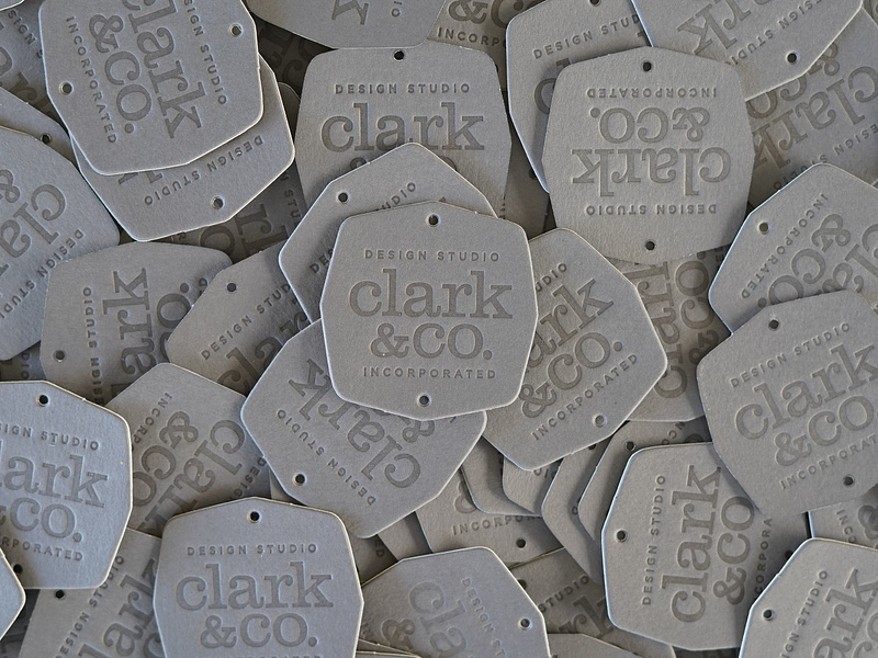 Clark & Co. Business Cards branding business card custom shape die cut identity design letterpress print design tactile tag design wordmark