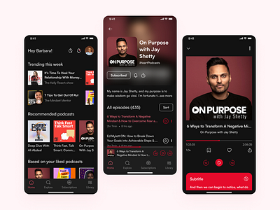 A Podcast App- Dark Theme app app design audio beautiful clean dark ui mobile music app music player podcast podcast app streaming app ui ui design uiux ux