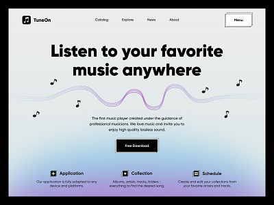 TuneOn - Music Player app application bright hero landing music tune ui ux web
