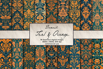 Teal & Orange Damask Seamless Pattern, Digital Art
