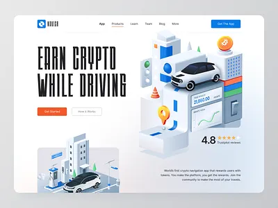 NaviCr - Earn Crypto While Driving Website 3d clean crypto design graphic design hero illustration illustration isometric landing page minimal token ui vector vehicle visula design web web design