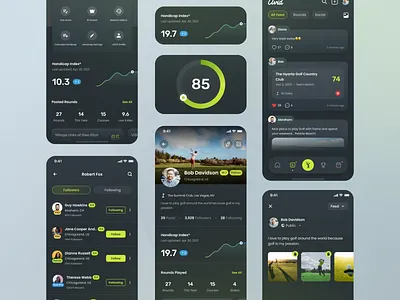 Avid Golf Mobile App - Collage Version card clean dark ui golf golf handicap golf match golf play golf range golf round green mobile mobile app mobile design progress bar sports statistic ui ux