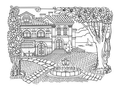 Little Cozy Town. Printable coloring page for adults. Vector. little cozy town