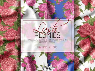 Vector Set Of Patterns, Frames And Cliparts Lush Peonies border bundle card clipart collection fabric floral flower frame graphic design illustration lush nature pattern peonies peony pink presentation set wallpaper