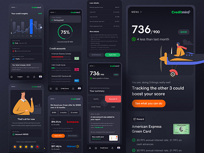 👑 Creditmiro - Your Credit Score & More (Dark Version) credit credit card credit card app credit score credit score app design trend dribbble 2023 dribbble best shot finance app fintech app score surja sen das raj toronto designer