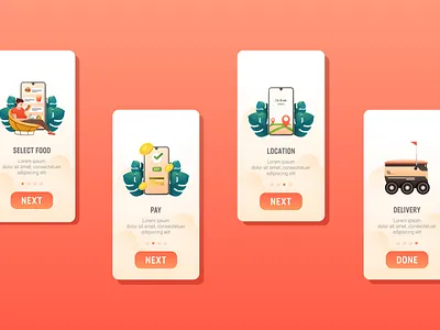 Food order process onboarding illustration. app branding food food app onboard screen food order process food order step by step illustration modern delivey online food order concept robot delivery ui ui ux kits vector