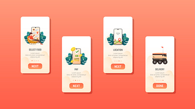 Food order process onboarding illustration. app branding food food app onboard screen food order process food order step by step illustration modern delivey online food order concept robot delivery ui ui ux kits vector