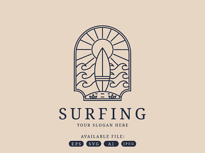 Vintage Surfing Logo aesthetic beach branding business design graphic design illustration logo monoline resto summer surfing vector vintage