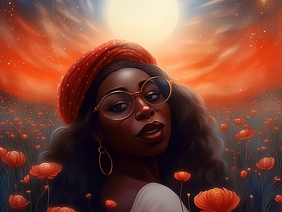 A Walk in a Field of Poppies ai aigenerated art artificial intelligence beautiful beautifulgirl design digital art field of poppies girl with glasses graphic design illustration poppies portrait sunlight