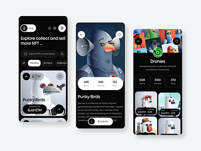 Punky Birds NFT Collection blockchain clean crypto crypto art ethereum illustration mobile mobile ui modern app nft app nft design nft marketplace nft mobile app