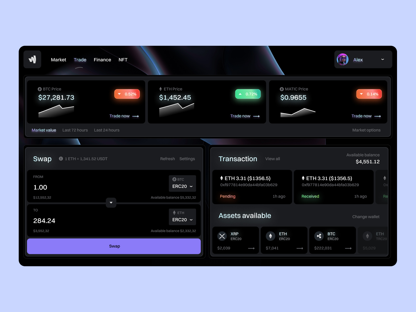 P2P trading dashboard crypto cryptocurrency cryptomarketplace dark mode dashboard exchange finance marketplace nft p2p trading web3