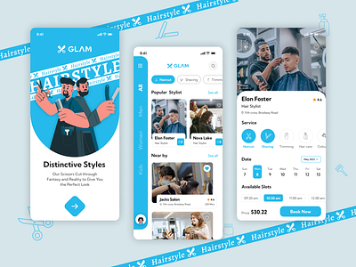 Salon booking mobile app appointment booking buttons card carousel design details page hairstyles home page icons illustration light mode menu mobile app nav bar onboarding profile rating search bar ui