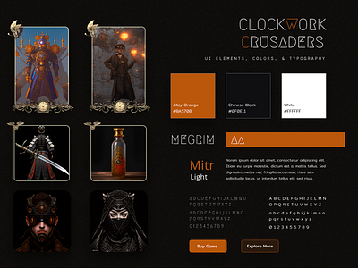 UI Elements, Colors, & Typography (Game Website) case study concept design design framer framer design framer prototype game website high fidelity design landing page orange and black website steampunk steampunk game steampunk game website ui ui cards ui design ui elements uiux user interface design website design
